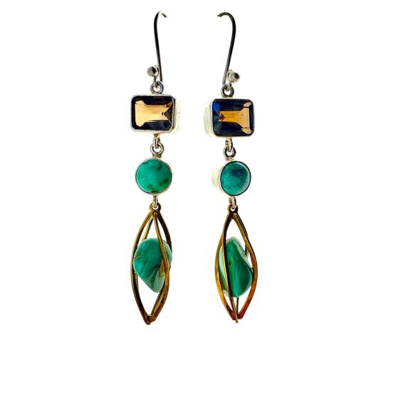 Natural Turquoise Smokey Quartz Dangle Earrings Sterling Silver Brass Cage - Picture 1 of 9